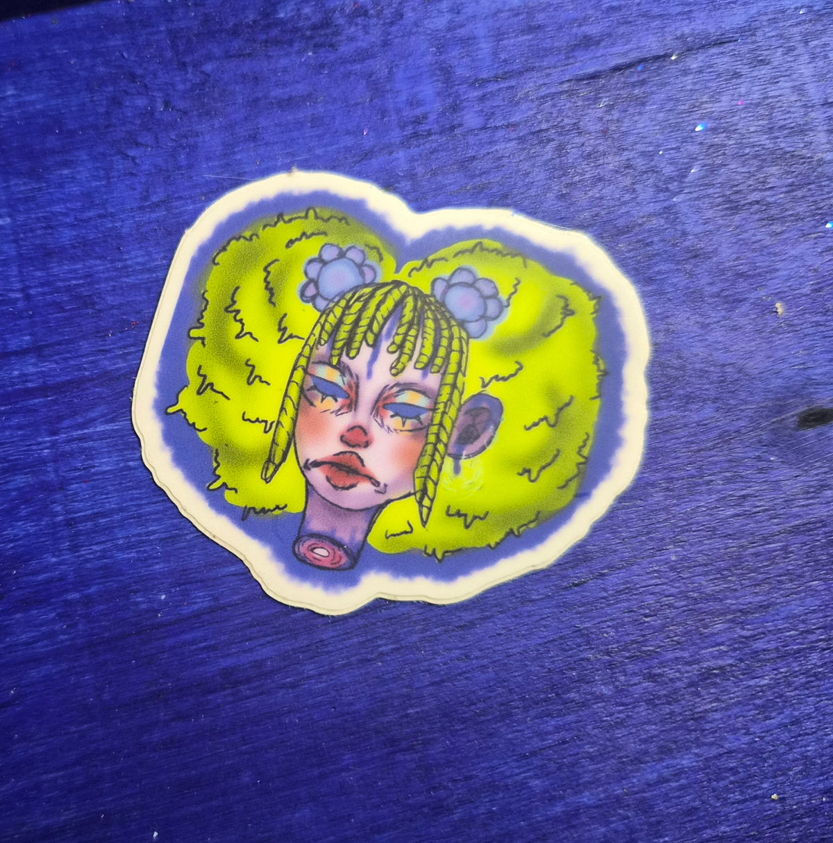 Sad blue eyed green hair gal